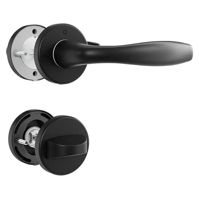 Hoppe Zimmertürgarnitur WC New York - Stärke Tür: 42 mm - 37 mm, Aluminium, Schwarz, Schlitzkopf/Olive - Mattschwarzes Türgriff-Set mit Hebel und Drehknopf für Privatsphäre.