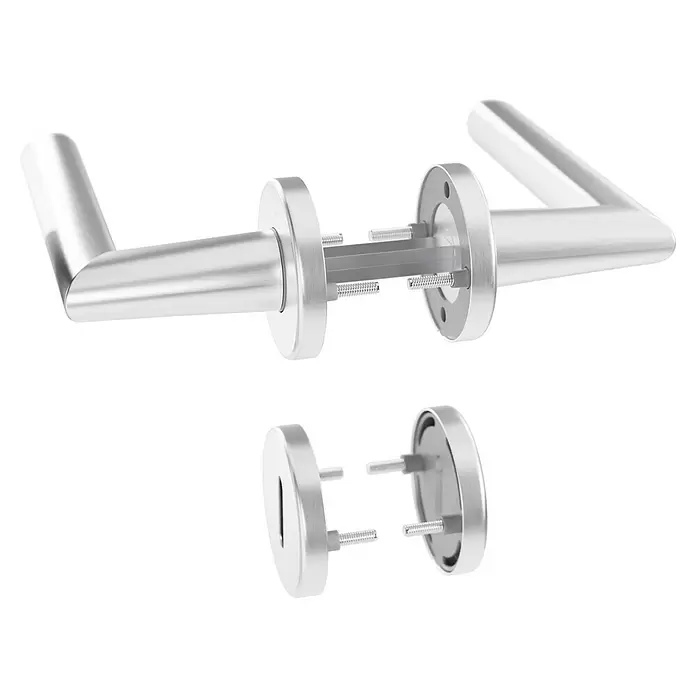 Hoppe Zimmertürgarnitur Stockholm - Stärke Tür: 37 mm - 42 mm, Aluminium, Buntbart - Zerlegte silberne Türdrückergarnitur und passende Schlüssellochrosette mit Innenteilen und Schrauben.