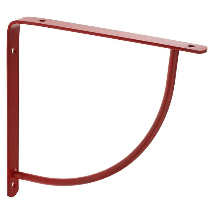 Rei Escuadra de soporte Belly - Rojo, L x An x Al: 20 x 20 x 2 cm - En la imagen se muestra un soporte de estante de metal rojo con dos orificios de montaje en cada extremo. Ideal para estantes en interiores.