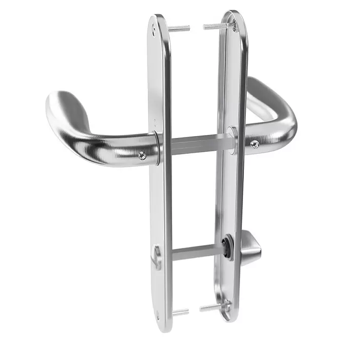 Hoppe Drückergarnitur WC Cardiff - Stärke Tür: 42 mm - 37 mm, Edelstahl, Schlitzkopf/Olive, Form Schild: Oval - Demontierter silberner Türbeschlag mit Griff, Vierkantstift und sichtbaren Befestigungsschrauben.