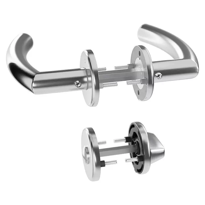 Hoppe Zimmertürgarnitur WC Narvik - Stärke Tür: 38 mm - 45 mm, Edelstahl, Schlitzkopf/Olive - Zerlegtes silbernes Türgriffset mit Montageplatten, Vierkantstift und Befestigungsschrauben.