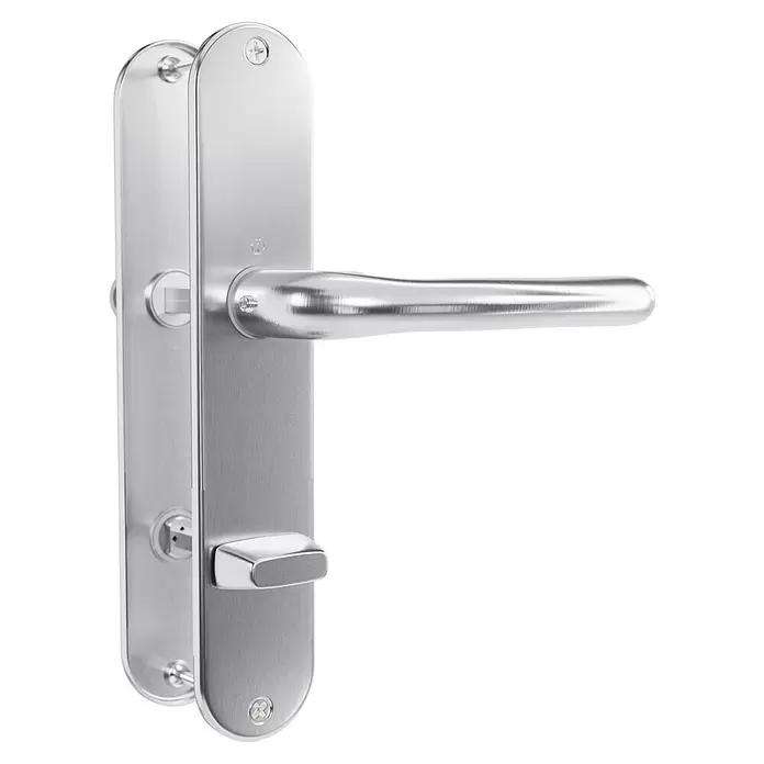 Hoppe Drückergarnitur WC Cardiff - Stärke Tür: 42 mm - 37 mm, Edelstahl, Schlitzkopf/Olive, Form Schild: Oval - Silberfarbene Drückergarnitur aus gebürstetem Metall mit Langschild und Daumenriegel.