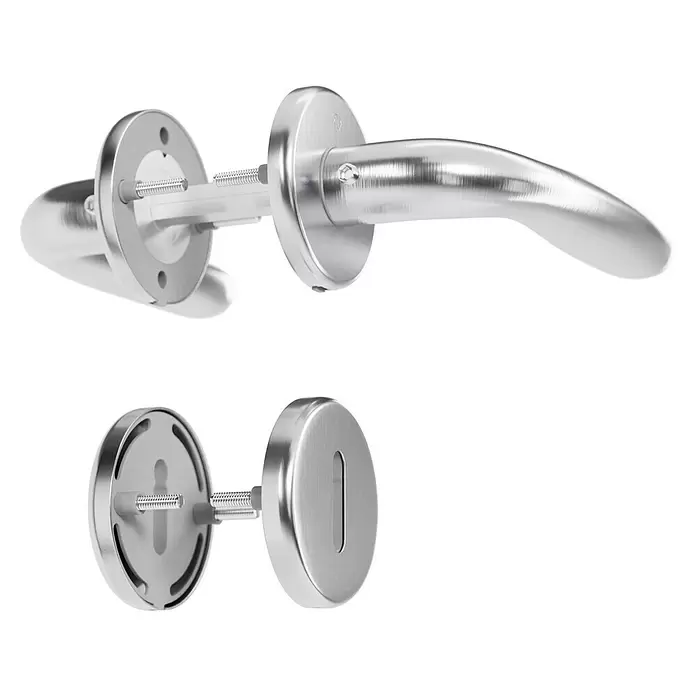 Hoppe Drückergarnitur Cardiff - Stärke Tür: 42 mm - 37 mm, Edelstahl, Buntbart, Form Schild: Rund - Zerlegtes Türdrücker-Set aus gebürstetem Silbermetall mit Griff und Schlüssellochrosette.