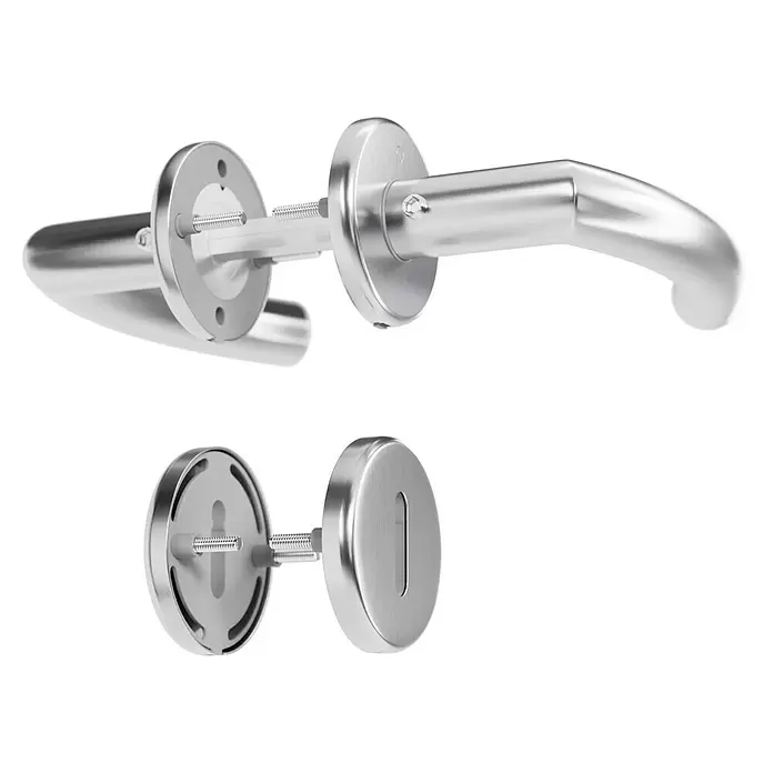 Hoppe Zimmertürgarnitur Narvik - Stärke Tür: 38 mm - 45 mm, Edelstahl, Buntbart - Demontiertes Türgriff-Set aus silbernem Metall mit Drücker und ovaler Schlüsselrosette, zur Montage bereit.