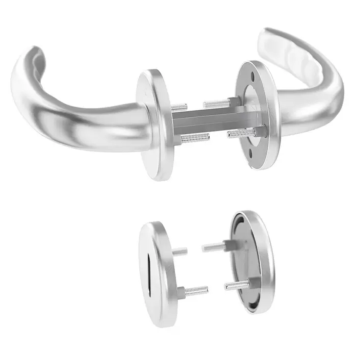 Hoppe Drückergarnitur Tokyo - Stärke Tür: 42 mm - 37 mm, Aluminium, Buntbart, Form Schild: Rund - Demontiertes silbernes Metalltürgriff-Set und passendes Schließblech-Set, das interne Komponenten zur Installation zeigt.