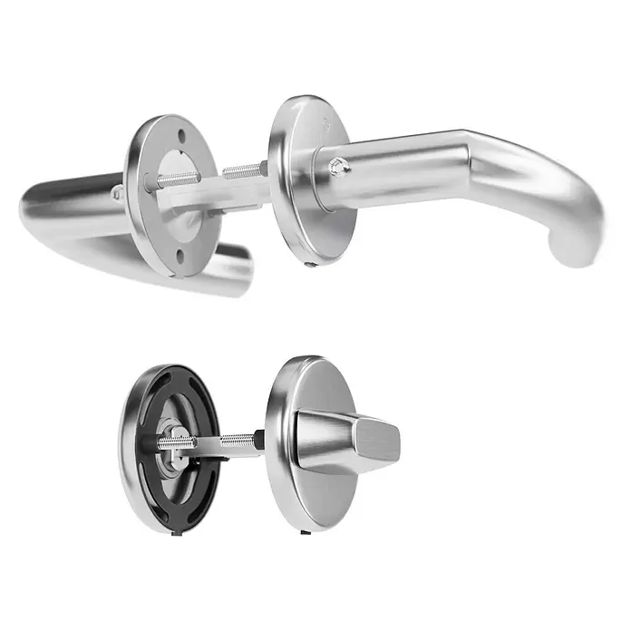 Hoppe Zimmertürgarnitur WC Narvik - Stärke Tür: 38 mm - 45 mm, Edelstahl, Schlitzkopf/Olive - Zerlegtes Türgriff-Set aus silbernem Metall, zeigt Einzelkomponenten.