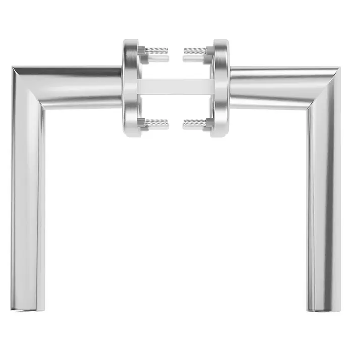 Hoppe WC-Drückergarnitur Stockholm - Stärke Tür: 37 mm - 42 mm, Edelstahl, Buntbart - Silberner U-förmiger Metallgriff mit zentraler Glasverbindung und sichtbaren Schrauben.