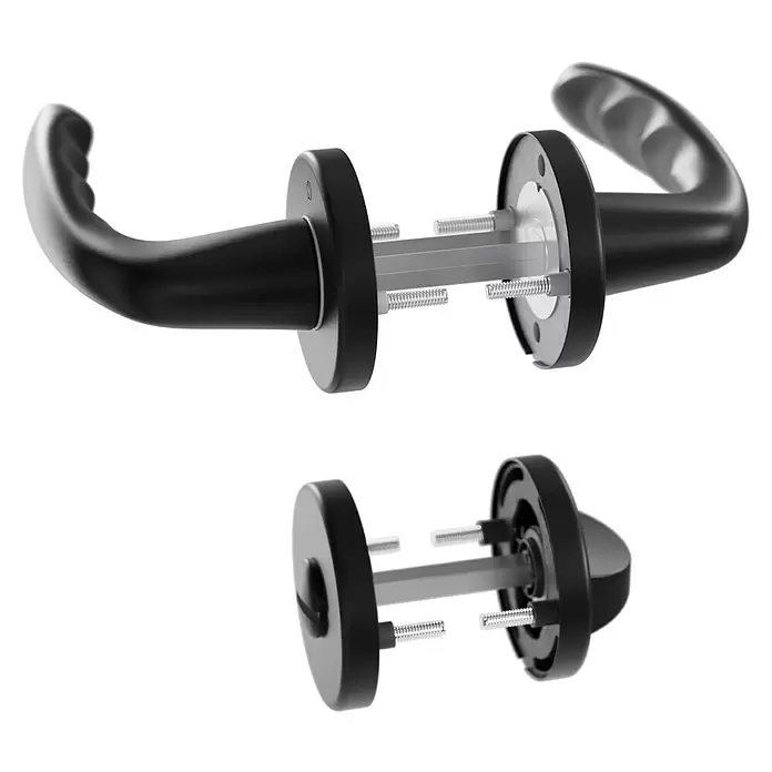 Hoppe Zimmertürgarnitur WC New York - Stärke Tür: 42 mm - 37 mm, Aluminium, Schwarz, Schlitzkopf/Olive - Demontierte schwarze Türgriffkomponenten, die Spindel, Schrauben und Federn zeigen.
