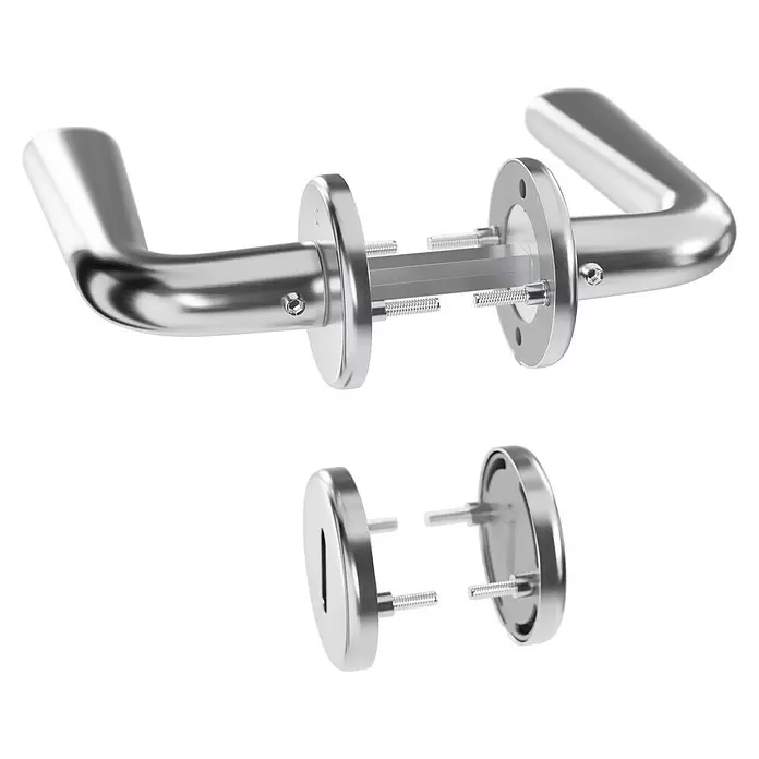 Hoppe Zimmertürgarnitur Helsingborg - Stärke Tür: 42 mm - 37 mm, Edelstahl, Buntbart - Zerlegtes silbernes Türgriff-Set, zeigt Einzelteile wie Griffe und Verbindungselemente.