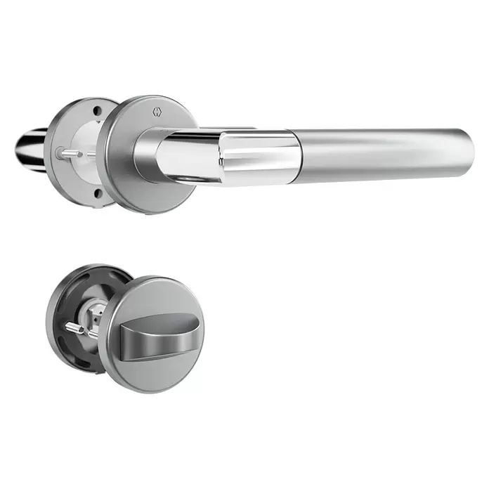 Hoppe Zimmertürgarnitur WC Lecce - Stärke Tür: 42 mm - 37 mm, Aluminium, Schlitzkopf/Olive - Modernes Türbeschlagset aus gebürstetem Metall mit Hebel und WC-Verriegelung, interne Komponenten gezeigt.