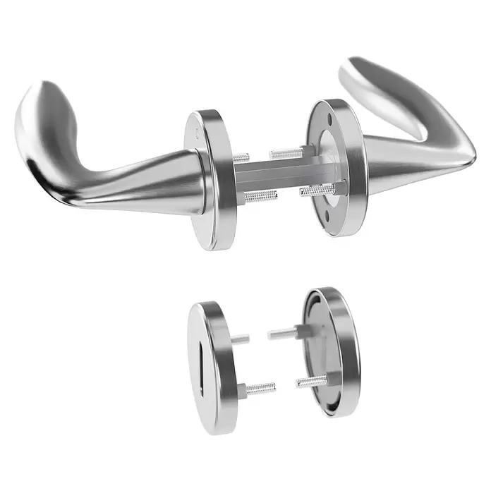 Hoppe Zimmertürgarnitur Vitoria - Stärke Tür: 42 mm - 37 mm, Aluminium, Buntbart - Zerlegtes silbernes Türdrücker- und Schlüsselrosetten-Set zeigt interne Montageteile.