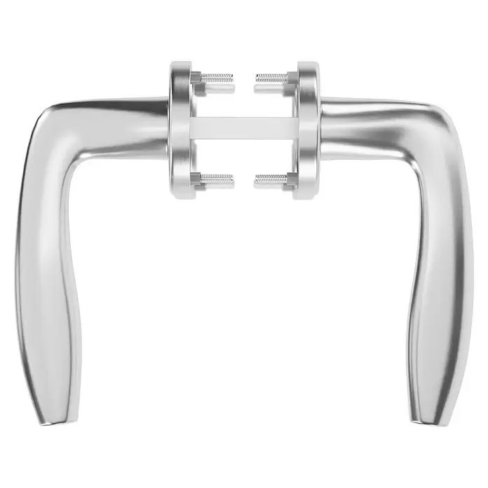 Hoppe Zimmertürgarnitur Vitoria - Stärke Tür: 42 mm - 37 mm, Aluminium, Buntbart - Ein Paar glänzender silberner Türgriffe, verbunden durch einen zentralen Mechanismus mit sichtbaren Schrauben.