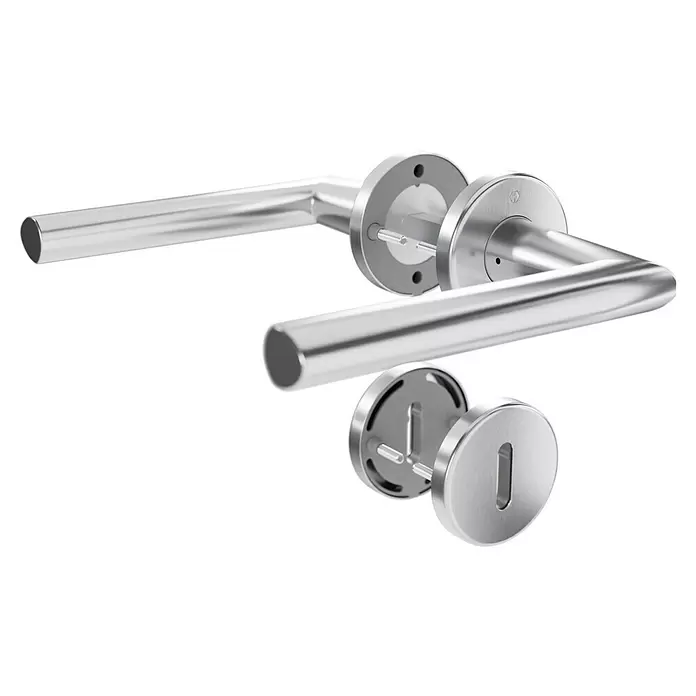 Hoppe WC-Drückergarnitur Stockholm - Stärke Tür: 37 mm - 42 mm, Edelstahl, Buntbart - Modernes silbernes Türgriff-Set mit separatem Schlüsselschild, Montagezubehör zur Installation sichtbar.