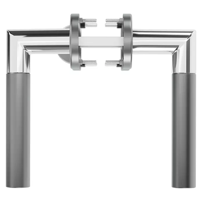 Hoppe Zimmertürgarnitur WC Lecce - Stärke Tür: 42 mm - 37 mm, Aluminium, Schlitzkopf/Olive - Silberne Türklinken-Baugruppe mit zwei L-förmigen Griffen und grauen zylindrischen Griffflächen, verbunden durch einen zentralen Mechanismus.