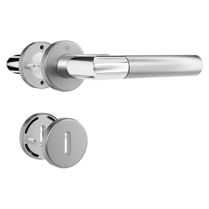 Hoppe Zimmertürgarnitur Lecce - Stärke Tür: 42 mm - 37 mm, Aluminium, Buntbart - Modernes silbernes Metall-Türdrückerset, zerlegt mit separater Schlüsselrosette gezeigt.