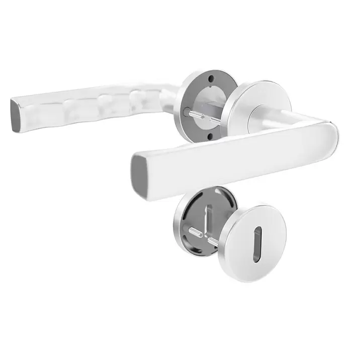 Hoppe Zimmertürgarnitur Hamburg - Stärke Tür: 42 mm - 37 mm, Aluminium, Silber, Buntbart - Zerlegtes silberfarbenes Türgriff-Set, zeigt Griffe, Rosetten und Schlüsselrosette.