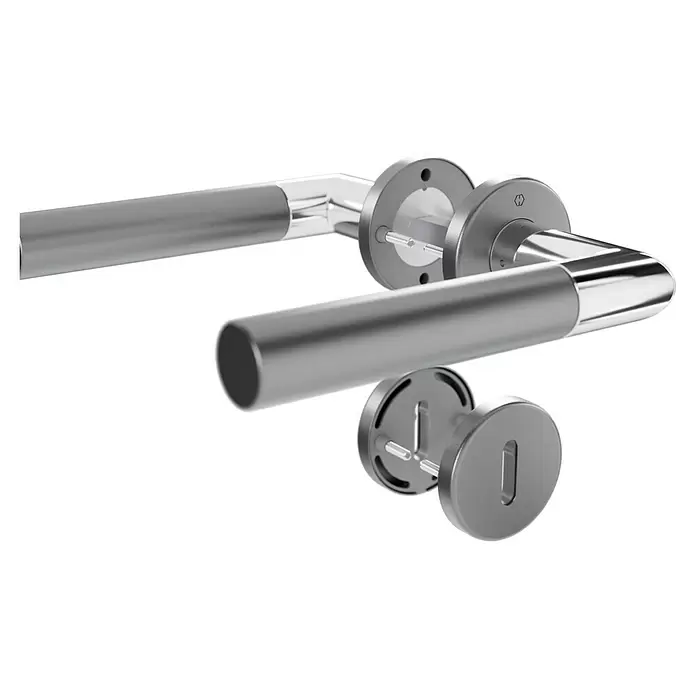 Hoppe Zimmertürgarnitur Lecce - Stärke Tür: 42 mm - 37 mm, Aluminium, Buntbart - Demontierter silber-grauer Metall-Türgriffsatz mit Hebel, runder Rosette, Schlüsselrosette und Befestigungsmaterial.