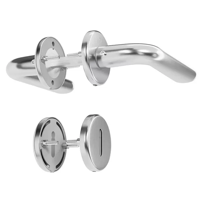 Hoppe Zimmertürgarnitur Helsingborg - Stärke Tür: 42 mm - 37 mm, Edelstahl, Buntbart - Set aus satiniertem Chrom-Türgriffen und passender Schlüsselrosette, mit sichtbarer Montagetechnik.
