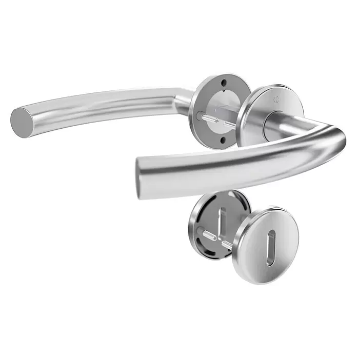 Hoppe Zimmertürgarnitur Narvik - Stärke Tür: 38 mm - 45 mm, Edelstahl, Buntbart - Demontiertes Türdrücker-Set aus gebürstetem Metall mit Rundgriff und Schlüsselrosette, zeigt Montagekomponenten.