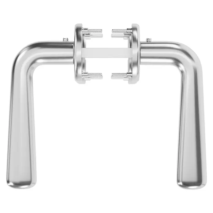 Hoppe Zimmertürgarnitur Helsingborg - Stärke Tür: 42 mm - 37 mm, Edelstahl, Buntbart - Silbernes, metallisches Türdrücker-Set mit zentralem Mechanismus, sichtbaren Schrauben und einer weißen Spindel.