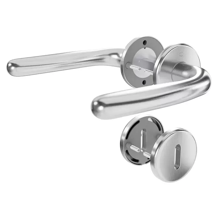 Hoppe Drückergarnitur Cardiff - Stärke Tür: 42 mm - 37 mm, Edelstahl, Buntbart, Form Schild: Rund - Zerlegtes silbernes Türdrücker-Set, zeigt Griffe, Rosetten und internes Verbindungsmaterial.