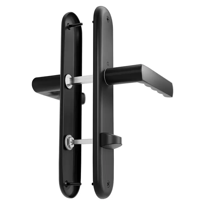 Hoppe Zimmertürgarnitur WC Hamburg - Stärke Tür: 42 mm - 37 mm, Aluminium, Schlitzkopf/Olive - Modernes Türgriffset aus mattschwarzem Metall mit separaten Platten, Hebelgriff, Schlüsselloch und Daumendrehverschluss.