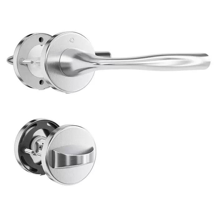 Hoppe Zimmertürgarnitur WC Vitoria - Stärke Tür: 42 mm - 37 mm, Aluminium, Schlitzkopf/Olive - Zwei silberne Türgriffe aus gebürstetem Metall: ein Drücker und ein Drehknauf, teilweise mit Innenmechanismus.