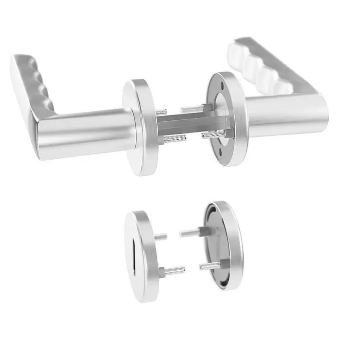 Hoppe Zimmertürgarnitur Hamburg - Stärke Tür: 42 mm - 37 mm, Aluminium, Silber, Buntbart - Zerlegte silberne Metalltürdrücker mit Innenkomponenten wie Vierkantstift, Schrauben und Federn, bereit zur Montage.