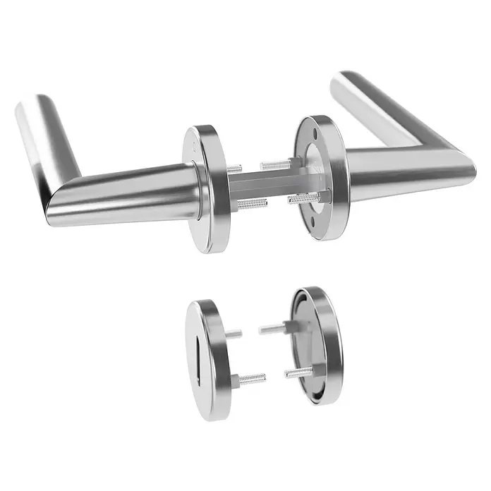 Hoppe WC-Drückergarnitur Stockholm - Stärke Tür: 37 mm - 42 mm, Edelstahl, Buntbart - Zerlegtes Chrom-Türdrücker-Set & Schlüsselrosette, zeigt Montagekomponenten: Spindel, Schrauben, Federn.