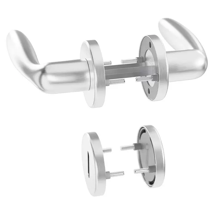 Hoppe Zimmertürgarnitur Verona - Stärke Tür: 42 mm - 37 mm, Aluminium, Buntbart - Zerlegtes, silberfarbenes Türgriff-Set aus Metall mit separatem Schloss, das den internen Mechanismus und die Befestigungsschrauben zeigt.