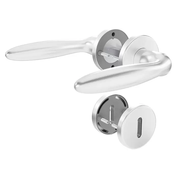 Hoppe Zimmertürgarnitur Verona - Stärke Tür: 42 mm - 37 mm, Aluminium, Buntbart - Silberfarbene Türdrücker und Schlüsselrosette, zeigt interne Bauteile zur Montage.