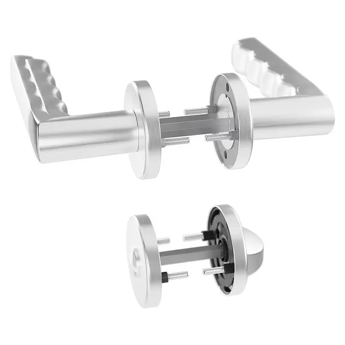 Hoppe Zimmertürgarnitur WC Hamburg - Stärke Tür: 42 mm - 37 mm, Aluminium, Silber, Schlitzkopf/Olive - Zerlegtes silbernes Metall-Türgriffset, das die Griffe, den Vierkantstift und das Montagematerial zeigt.