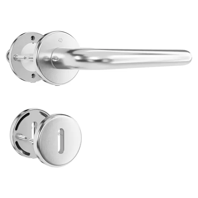 Hoppe Zimmertürgarnitur Helsingborg - Stärke Tür: 42 mm - 37 mm, Edelstahl, Buntbart - Silberfarbenes, gebürstetes Türdrücker-Set mit passender Schlüsselrosette, Montage-Details sichtbar.