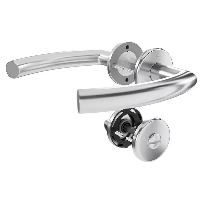 Hoppe Zimmertürgarnitur WC Narvik - Stärke Tür: 38 mm - 45 mm, Edelstahl, Schlitzkopf/Olive - Zerlegter Türdrückergarnitur aus satiniertem Chrom mit Hebel, Rosette und Verbindungsstift.