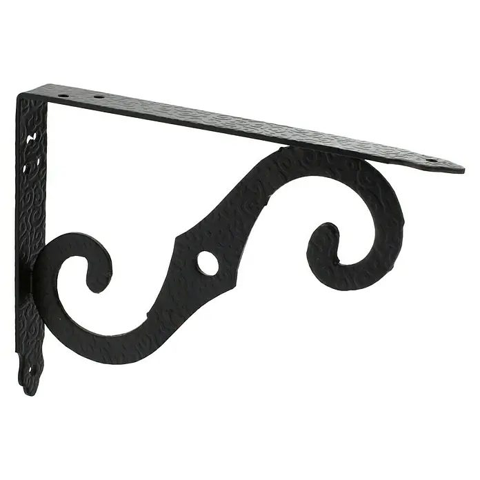 Rei Escuadra de soporte 1476 - L x An x Al: 15 x 20 x 1,2 cm - Soporte de pared decorativo de metal negro para estantes. El soporte tiene un diseño floral y adornos curvos.