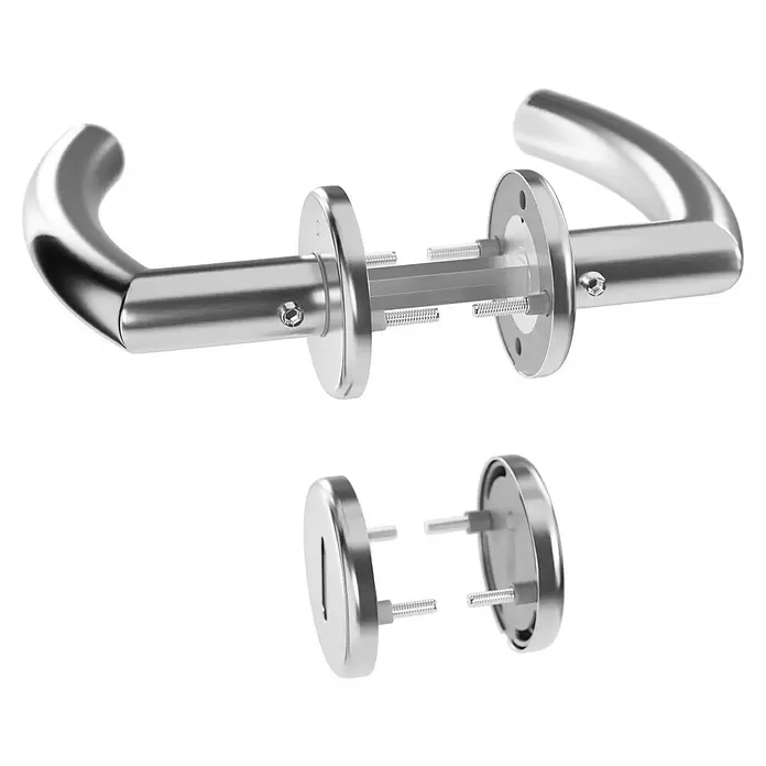 Hoppe Zimmertürgarnitur Narvik - Stärke Tür: 38 mm - 45 mm, Edelstahl, Buntbart - Demontierter Chrom-Türgriff-Set mit Hebelgriffen und Schlüsselrosetten inklusive Befestigungsmaterial.