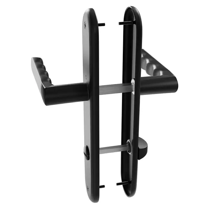 Hoppe Zimmertürgarnitur WC Hamburg - Stärke Tür: 42 mm - 37 mm, Aluminium, Schlitzkopf/Olive - Zerlegtes schwarzes Türgriff-Set mit Griffen, Montageplatten, Vierkantstift und Schrauben, bereit zur Installation.