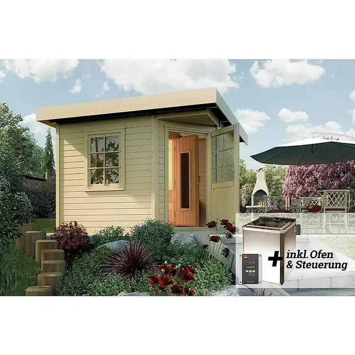 Weka Saunahaus SALO 7,5 kW BioS Gr. 1 - Bioofen, Steuerung Ofen: Extern, L x B x H: 338 x 237 x 338 cm, Natur - Ein helles Holzsaunahaus mit offenstehender Tür, umgeben von üppiger Vegetation und inklusive Ofen mit Steuerung.