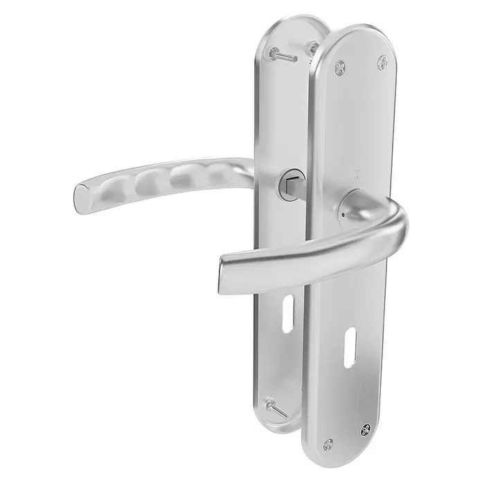 Hoppe Drückergarnitur Tokyo - Stärke Tür: 42 mm - 37 mm, Aluminium, Buntbart, Form Schild: Oval - Türgriff-Set aus gebürstetem Silbermetall mit Schlüsselloch, zwei Hebelgriffen und Montageplatten.