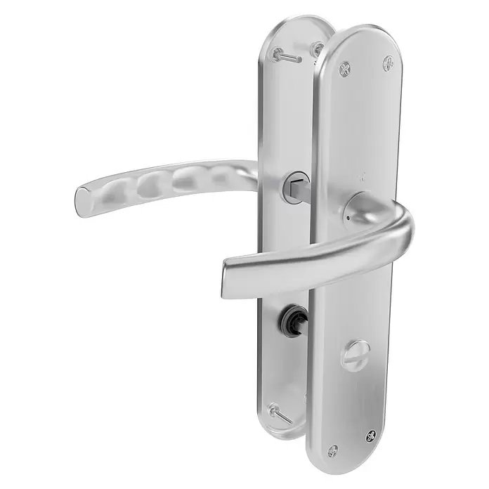 Hoppe WC-Drückergarnitur WC Tokyo - Schlitzkopf/Olive, Aluminium, Langschild - Silberner Türbeschlag aus Metall mit zwei Griffen, Schlüsselloch und Schließmechanismus.