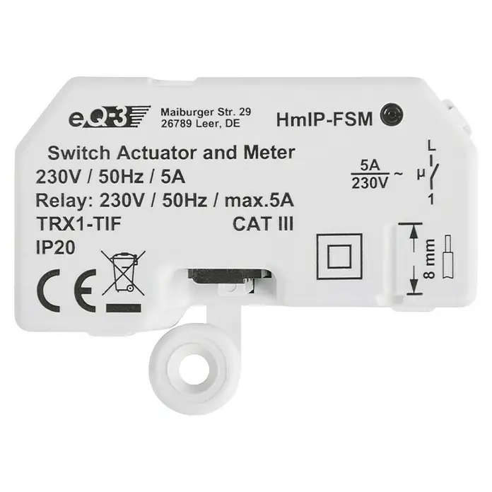Homematic IP Funkschalter HmIP-FSM - 41 x 54 x 33 mm, Unterputz, 230 V, 5 A - Detailaufnahme eines HmIP-FSM Schaltaktors und Messgeräts mit technischen Daten und Zertifizierungen auf weißem Gehäuse.