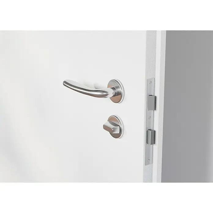 Hoppe Drückergarnitur WC Cardiff - Stärke Tür: 42 mm - 37 mm, Edelstahl, Schlitzkopf/Olive, Form Schild: Rund - Nahaufnahme einer weißen Tür mit einem modernen, silbernen Türgriff und Schloss.