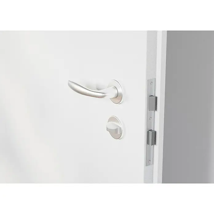 Hoppe Zimmertürgarnitur WC New York - Stärke Tür: 42 mm - 37 mm, Aluminium, Silber, Schlitzkopf/Olive - Nahaufnahme einer weißen Tür mit silberfarbenem Türgriff und Schloss, die einen modernen und sicheren Zugang bietet.
