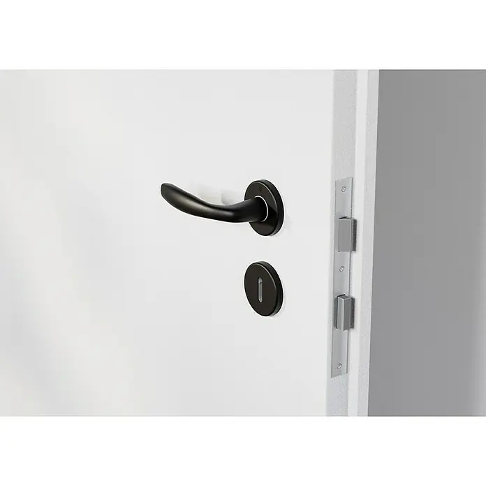 Hoppe Zimmertürgarnitur New YorkStärke Tür: 42 mm - 37 mm, Aluminium, Schwarz, Buntbart - Nahaufnahme einer weißen Tür mit einem eleganten, schwarzen Türgriff und Schloss, die einen modernen und stilvollen Akzent setzt.