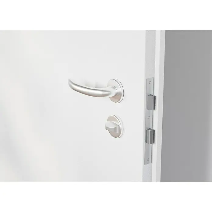 Hoppe WC-Drückergarnitur WC Tokyo - Schlitzkopf/Olive, Aluminium, Rosette - Nahaufnahme einer weißen Tür mit einem silbernen Türgriff und Schloss, die einen modernen und minimalistischen Stil zeigt.