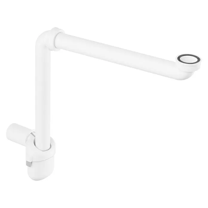 Viega Waschtisch-Siphon - 1 ¼″, Kunststoff - Das Bild zeigt einen weißen Siphon, der für Waschbecken oder Spülen verwendet wird. Er ist aus Kunststoff und hat eine typische L-Form.