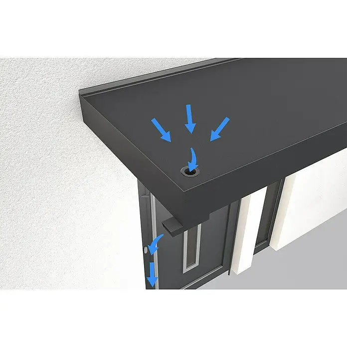 Gutta Rechteckvordach BS Plus 200 UP WSP - 200 x 90 x 15,5 cm, Wasserspeier links - Nahaufnahme einer modernen Haustürüberdachung mit integriertem Wasserablaufsystem. Die Konstruktion leitet Regenwasser gezielt ab.