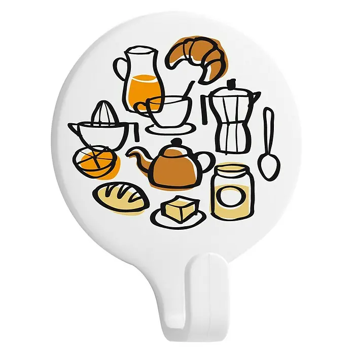 Inofix Colgador adhesivo Cocina - Blanco - Gancho blanco con motivos de desayuno. El gancho está decorado con una taza, una jarra, un cruasán y otros elementos del desayuno.