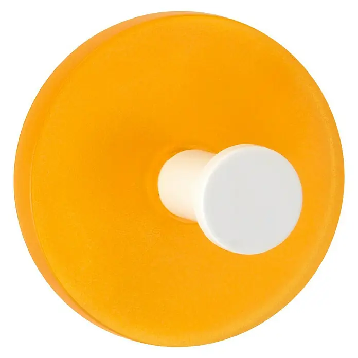 Inofix Colgador adhesivo 2311 - Plástico, Naranja, 2 ud., Redonda - Primer plano de un gancho de pared naranja con un pomo blanco, perfecto para colgar artículos ligeros.