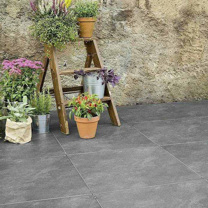 Terrassenfliese Atakama - 59,3 x 59,3 x 2 cm, Grau, Matt - Ein Arrangement von bunten Topfpflanzen, die auf einer kleinen Leiter und dem Boden vor einer rustikalen Steinmauer platziert sind.